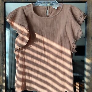 Hem & Thread Lace Trim Ruffle Blouse - Tan